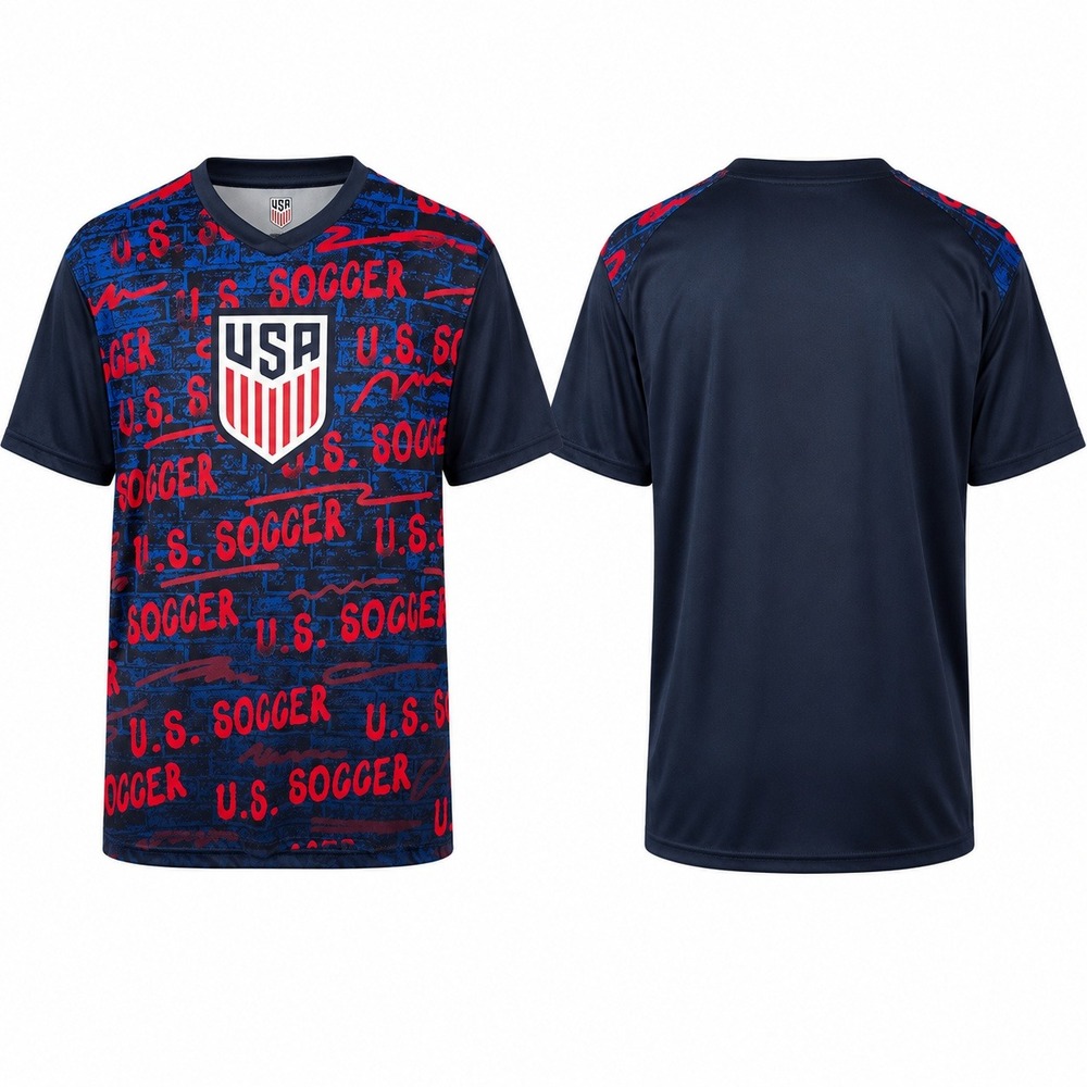 US Soccer Mens XL Navy Blue Red Graffiti Print V-Neck Performance Jersey NWT